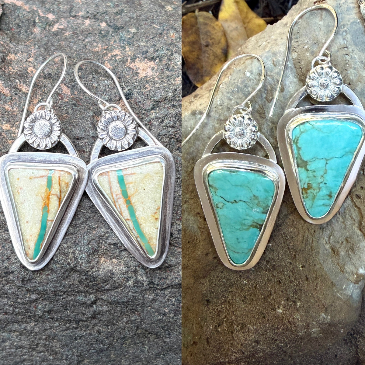 Turquoise and Sunflower or Daisy Sterling Silver Earrings