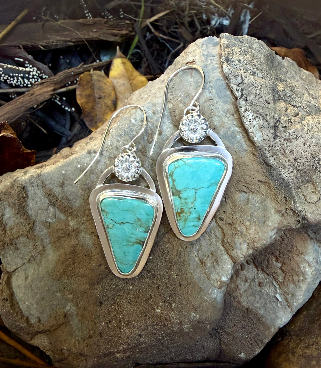 Turquoise and Sunflower or Daisy Sterling Silver Earrings