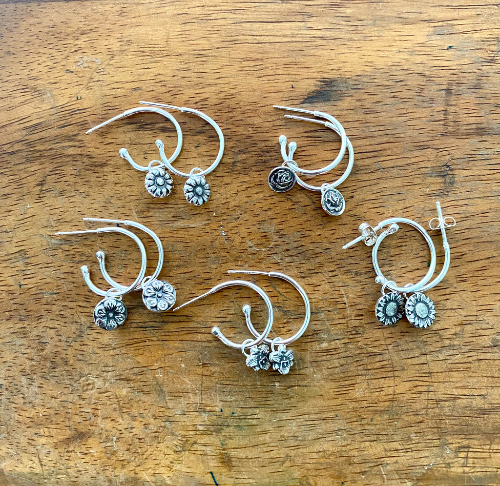 Hoop Post Earrings With Flower Charms