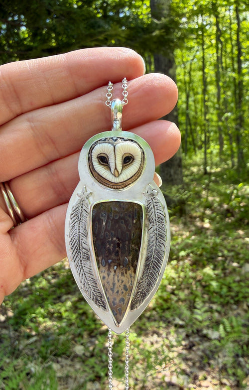 Barn Owl Fossilized Palm Root Pendant with Rare Laura Mears Porcelain Owl Face