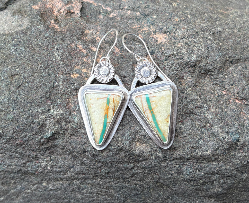 Turquoise and Sunflower or Daisy Sterling Silver Earrings