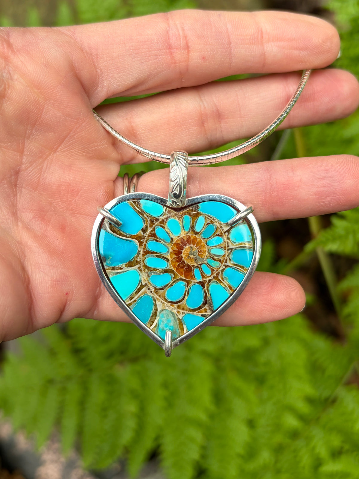Turquoise Inlaid Ammonite Heart Pendant