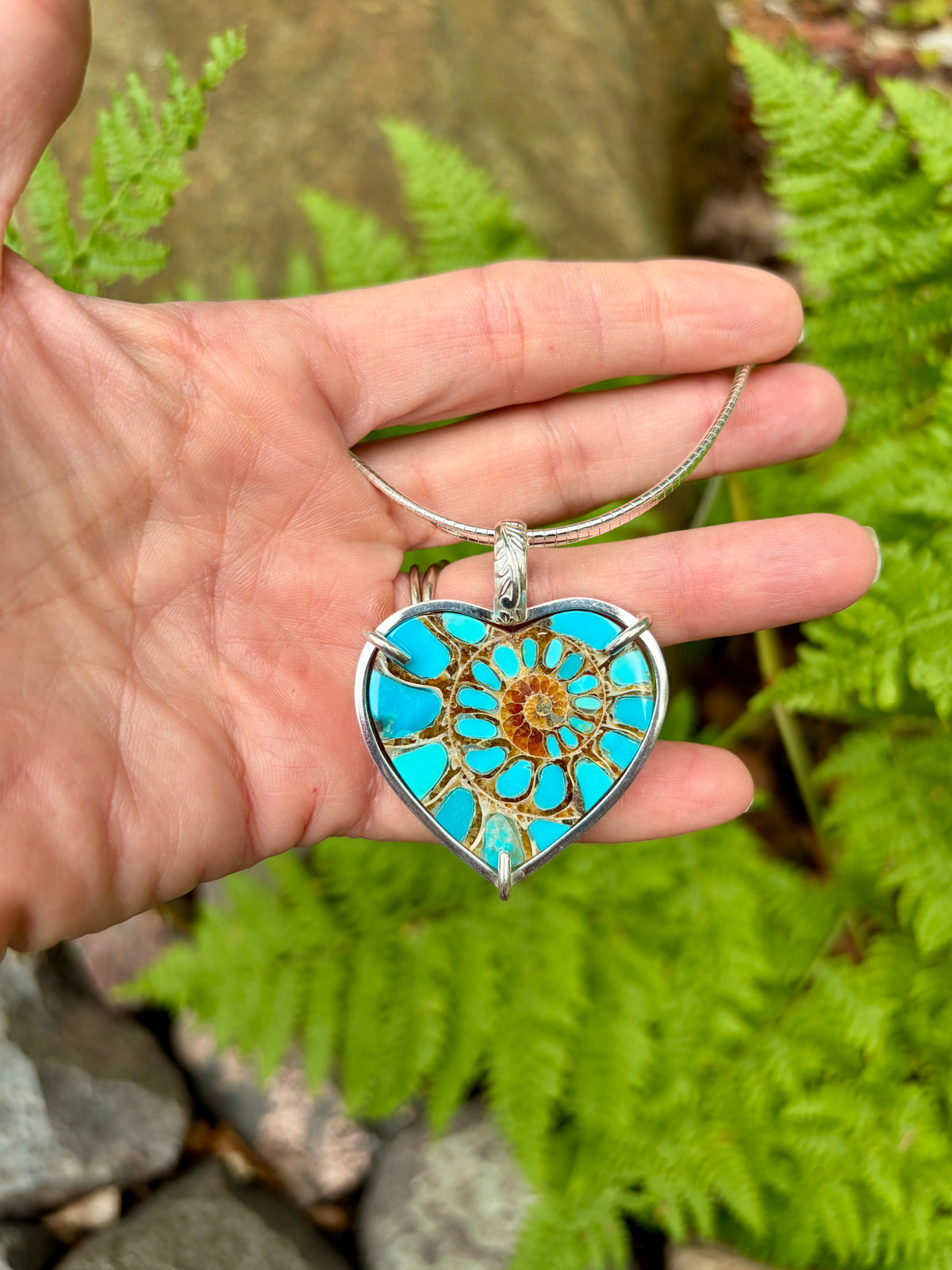 Turquoise Inlaid Ammonite Heart Pendant