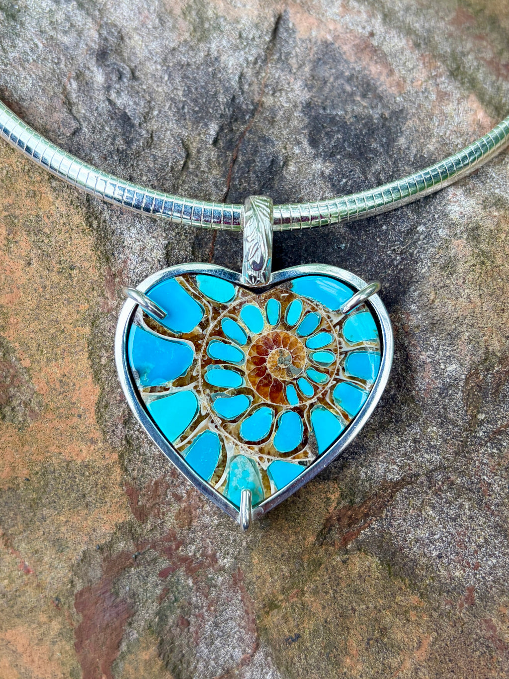 Turquoise Inlaid Ammonite Heart Pendant