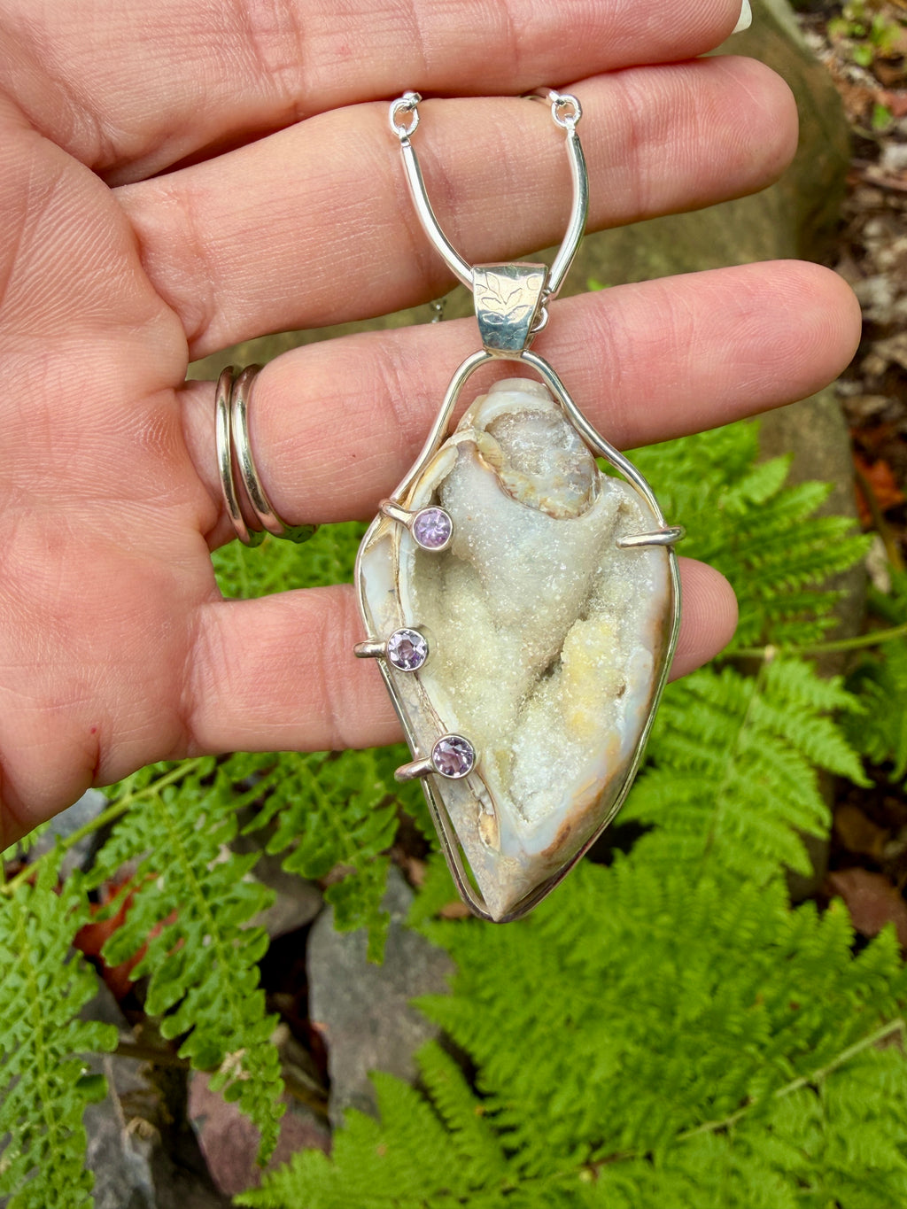 Fossilized Drusy Shell with Amethyst Sterling Pendant