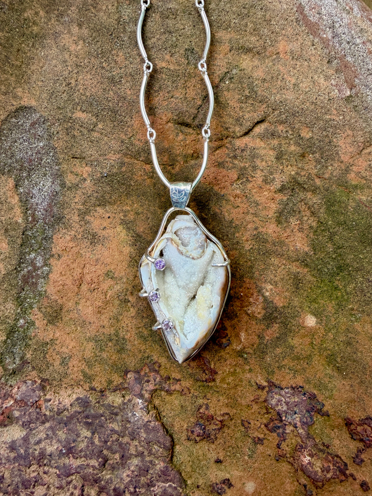 Fossilized Drusy Shell with Amethyst Sterling Pendant