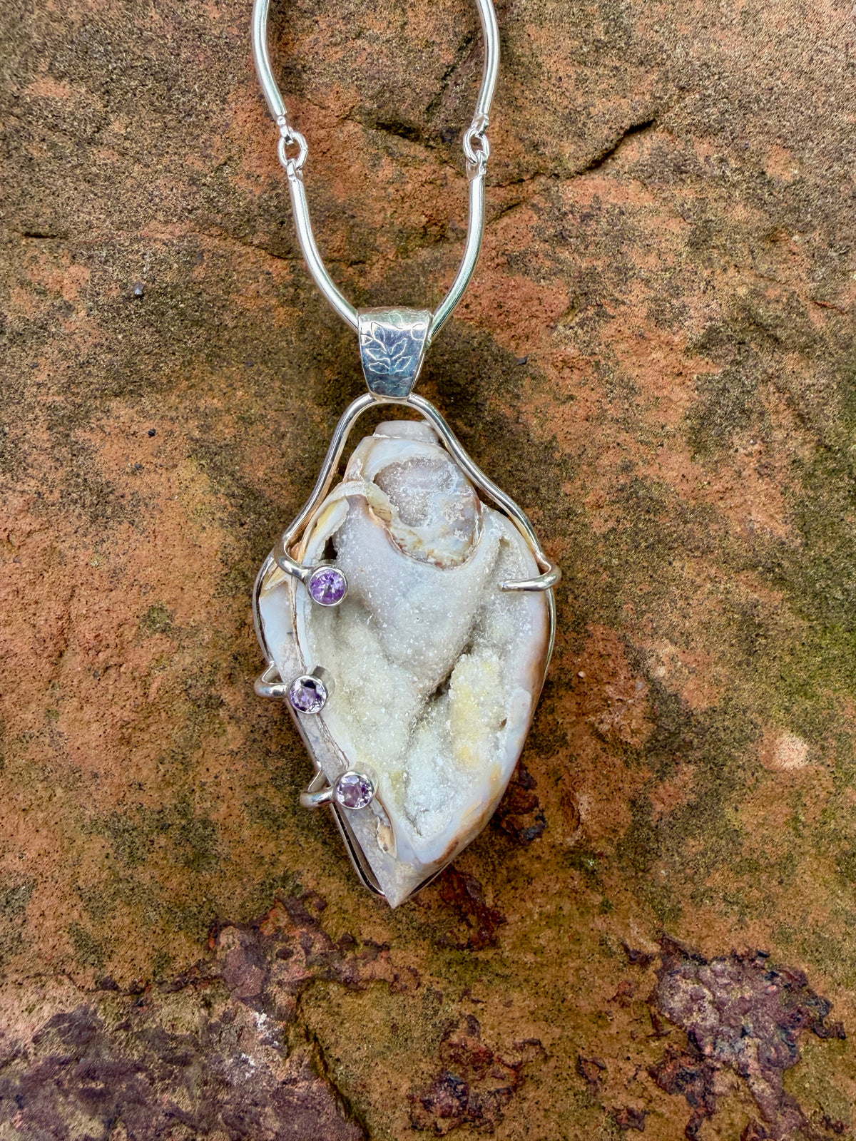 Fossilized Drusy Shell with Amethyst Sterling Pendant