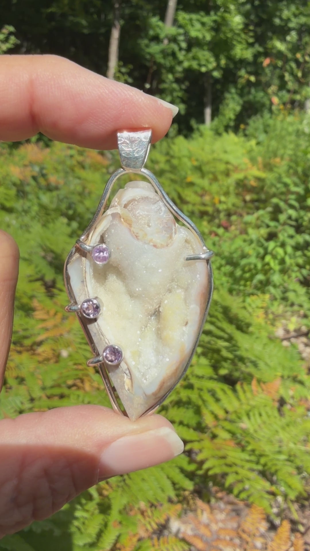 Fossilized Drusy Shell with Amethyst Sterling Pendant